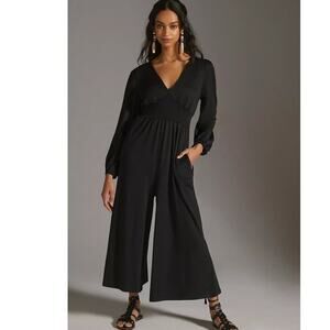 New Anthropologie Hutch V-neck Wide-Leg Jumpsuit $170 SMALL Black Smocked